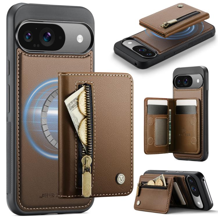 Brown leather-style phone card bag with zip pocket and card slots for MagSafe-ready cases