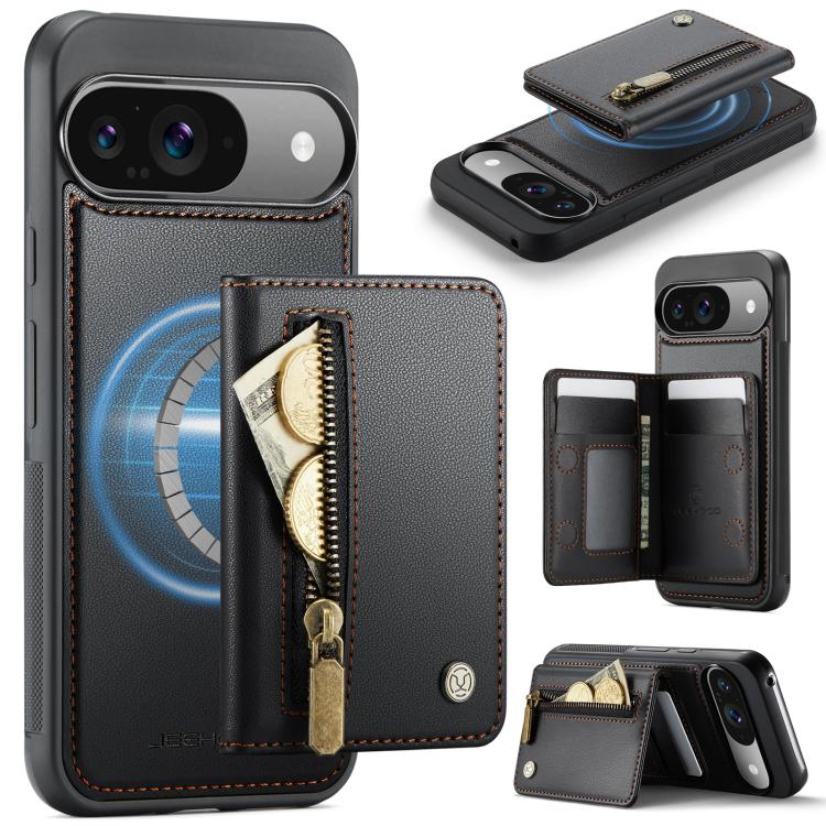 Black leather-style phone card bag with zip pocket and card slots for MagSafe-ready cases