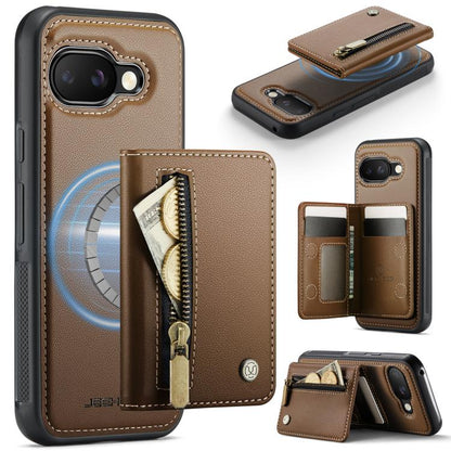 RFID MagSafe zipper card phone bag case in brown leather with wallet slots