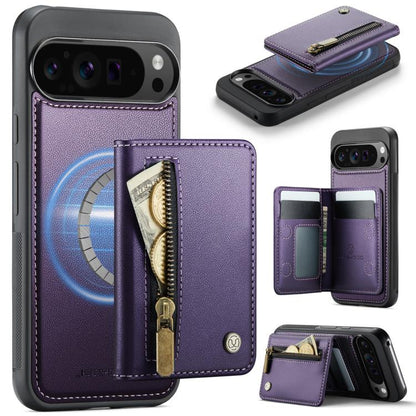 RFID MagSafe zipper card phone bag case in purple leather with card wallet slots