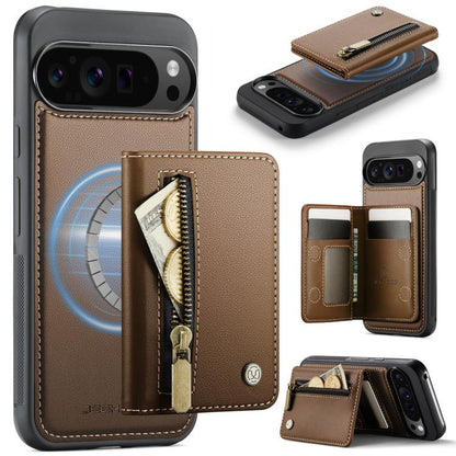 RFID MagSafe zipper card phone bag case in brown leather with card wallet slots