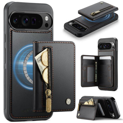 RFID MagSafe zipper card phone bag case in dark gray leather with card wallet slots