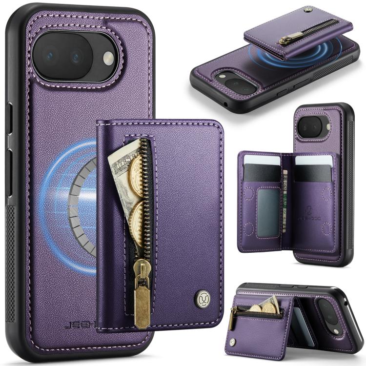 RFID MagSafe phone case with lavender zipper card holder and fold-out card slots