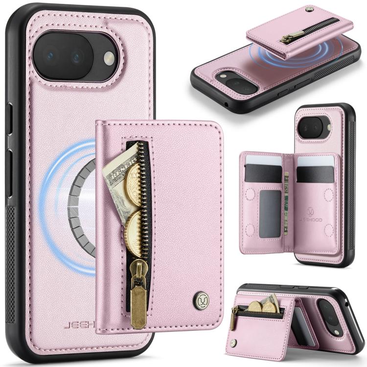 RFID MagSafe phone case with light pink zipper card holder and fold-out card slots