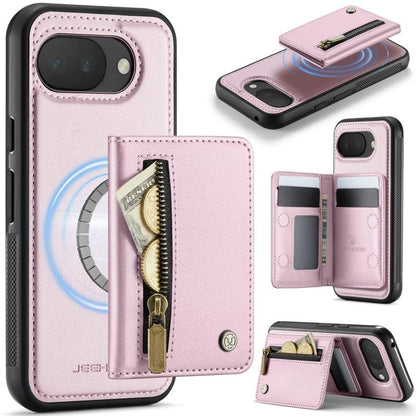 RFID MagSafe phone case with light pink zipper card holder and fold-out card slots