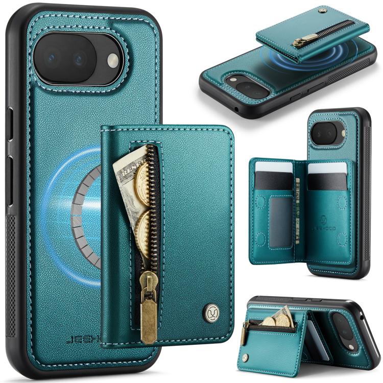 RFID MagSafe phone case with teal zipper card holder and fold-out card compartments