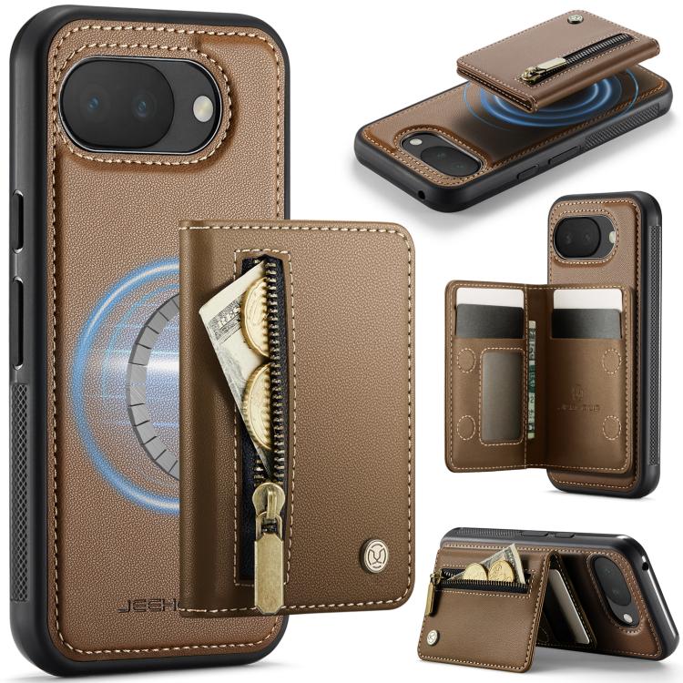 Brown RFID MagSafe zipper phone card bag case with front card slots