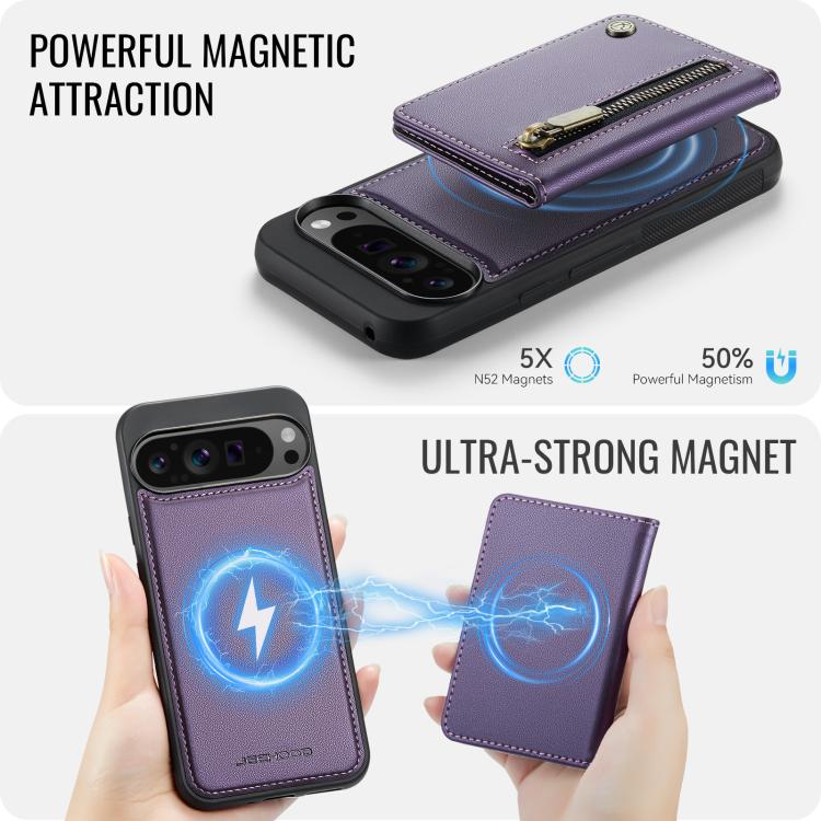Purple phone case with card wallet, zip pocket, and magnetic attraction