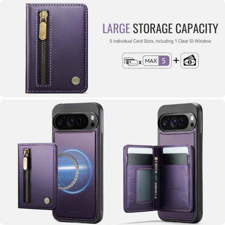Purple wallet phone case with large zippered card slot and stitched card windows