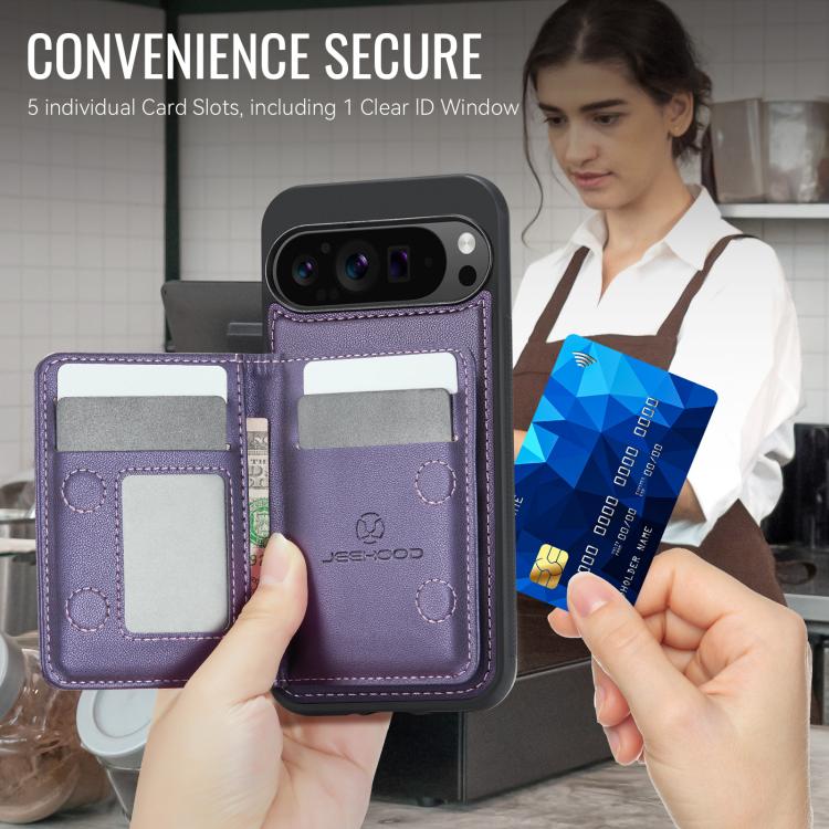 Purple card holder phone case with multiple card slots and clear ID window