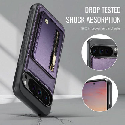 Purple protective phone case with card holder and zippered interior pocket