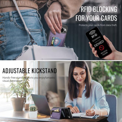 Purple RFID-blocking phone case with magnetic card holder and zip pocket