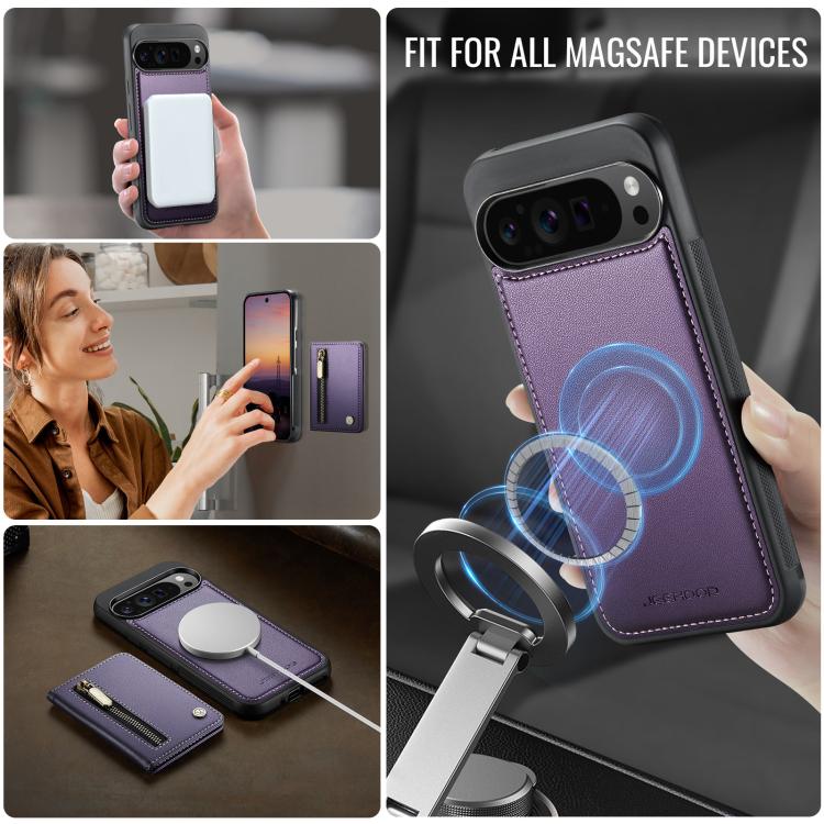 Purple MagSafe phone case with magnetic card holder and zippered wallet pocket