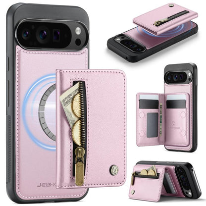 Pink MagSafe phone case with magnetic card holder and zippered card pocket