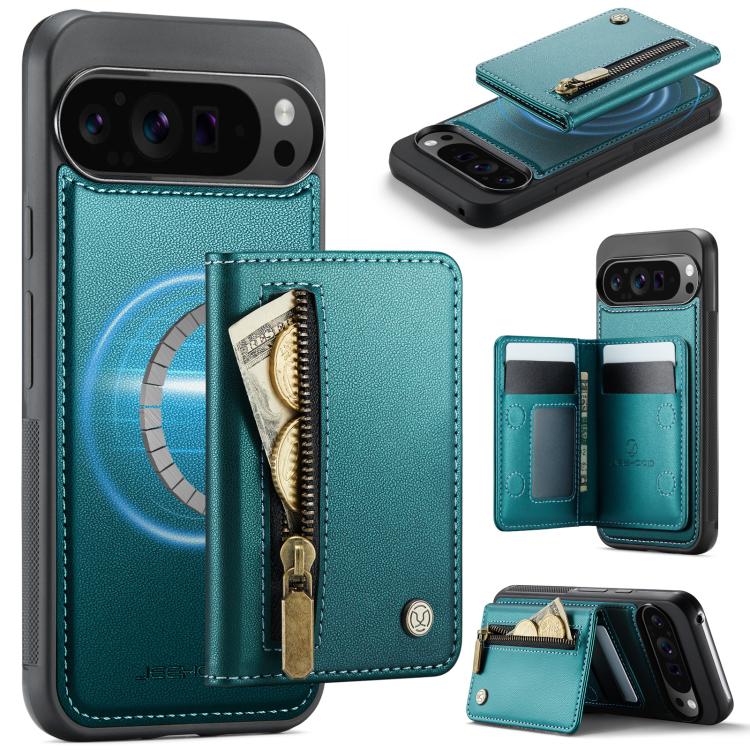Green MagSafe phone case with magnetic card holder and zippered card pocket