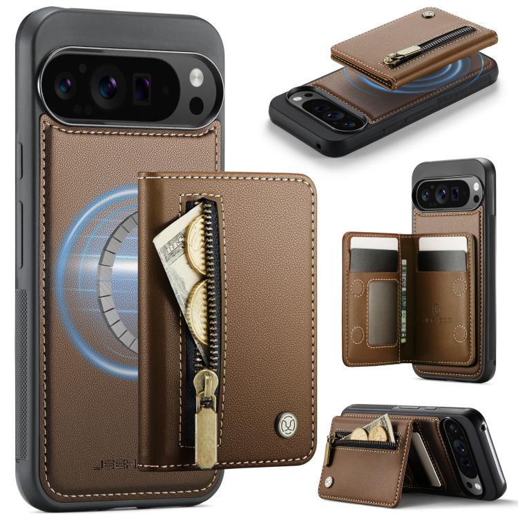 RFID MagSafe phone case with brown zipper card holder and fold-out card slots