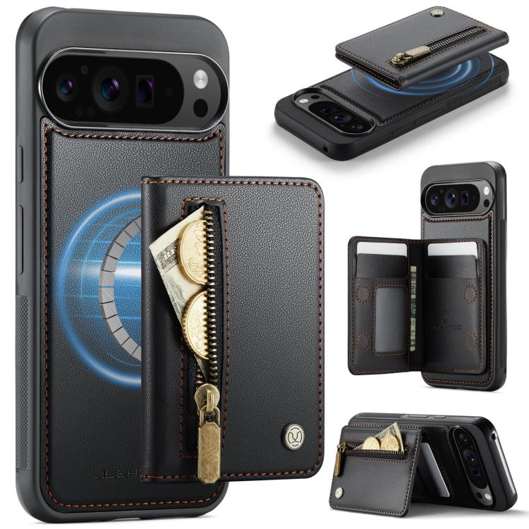 RFID MagSafe phone case with dark gray zipper card holder and fold-out card slots