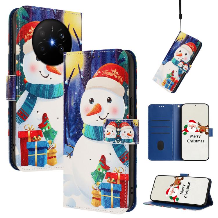 Snowman leather phone case with hand strap and buckle, wallet style with gift scene art