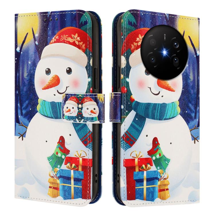 Snowman wallet phone case with hand strap and buckle, blue night sky and gift illustrations