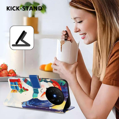 Snowman leather phone case with hand strap and kick-stand for viewing, gift and snow scene