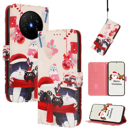 Cat-themed leather phone case with hand strap and buckle, fold wallet style with Christmas cats