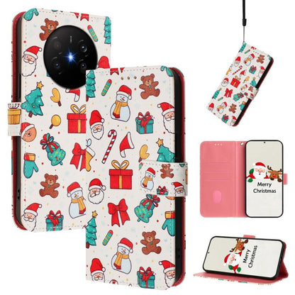 Christmas leather phone case with hand strap, white folio with Santa, gifts, trees