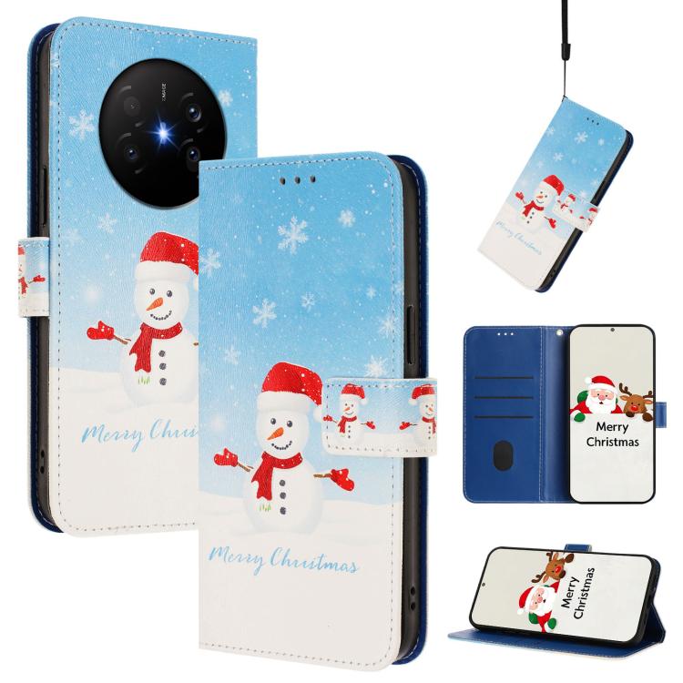 Christmas leather phone case with hand strap, blue folio with snowman, Santa, snowflakes