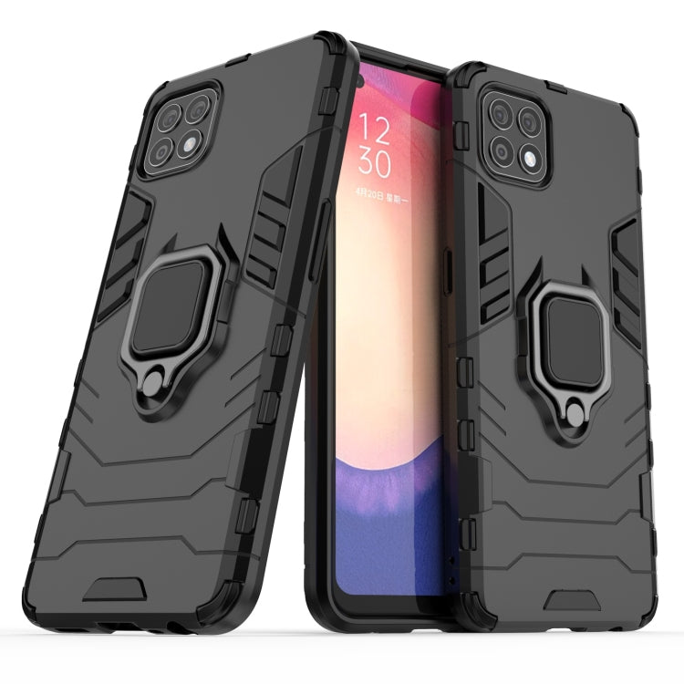 Black shockproof phone case with magnetic ring holder, front screen and back view