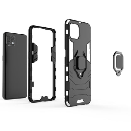 Black rugged phone case with magnetic ring holder, open cutout and protective frame