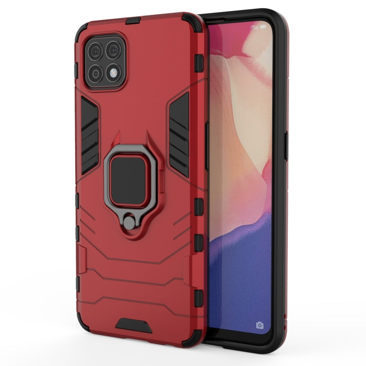 Shockproof phone case in red with magnetic ring holder, rugged bumper edges, cutouts
