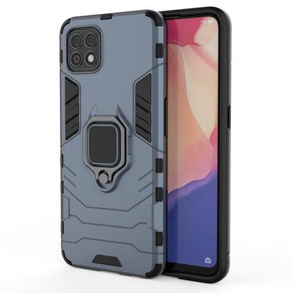 Shockproof navy blue phone case with magnetic ring holder, rugged frame and cutouts