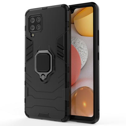 Black shockproof phone case with magnetic ring holder, front view with display on