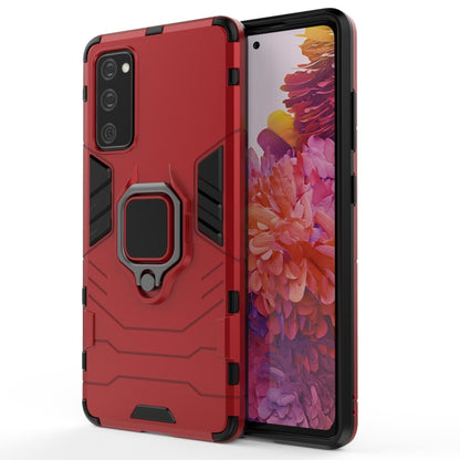 Shockproof red phone case with magnetic ring holder, raised corners, camera cutout