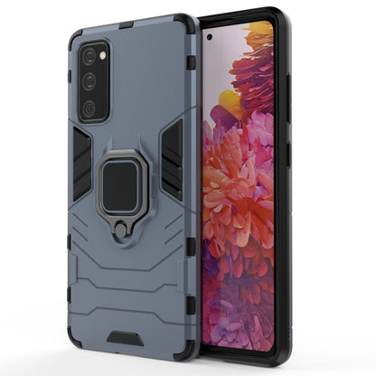 Shockproof navy blue phone case with magnetic ring holder, raised bumper protection