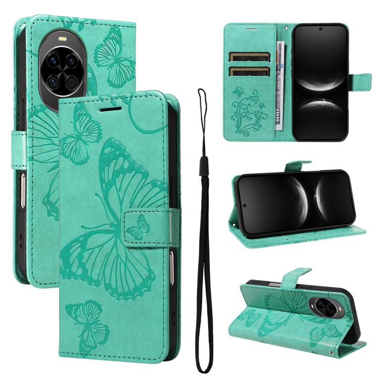Teal/green embossed butterfly flip leather phone case with wrist strap