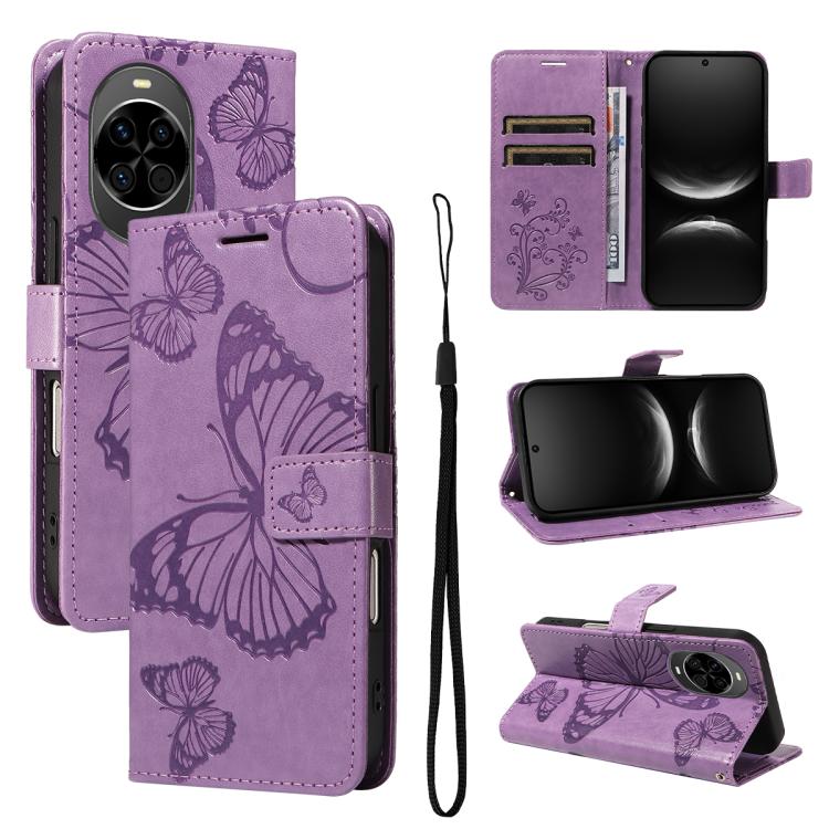 Lavender purple embossed butterfly flip leather phone case with wrist strap