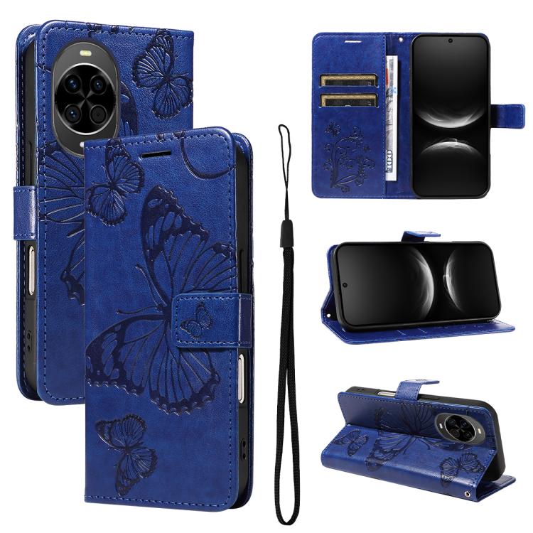 Deep blue embossed butterfly flip leather phone case with wrist strap