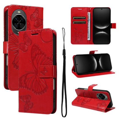 Bright red embossed butterfly flip leather phone case with wrist strap