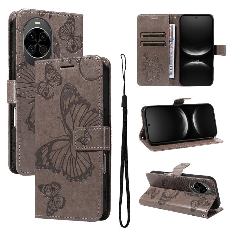 Flip leather phone case with 3D butterfly embossing, dark gray, magnetic stand