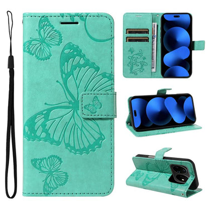 Green folio flip phone case with embossed butterfly pattern, card slots, and wrist strap