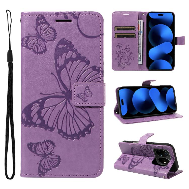 Purple folio flip phone case with embossed butterfly pattern, card slots, and wrist strap