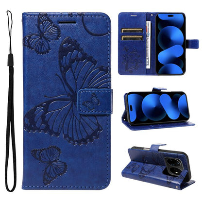 Blue folio flip phone case with embossed butterfly pattern, card slots, and wrist strap
