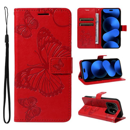 Red folio flip phone case with embossed butterfly pattern, card slots, and wrist strap