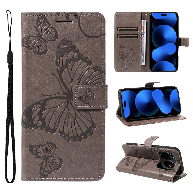 Dark grey butterfly embossed flip leather phone case with card slots and wrist strap