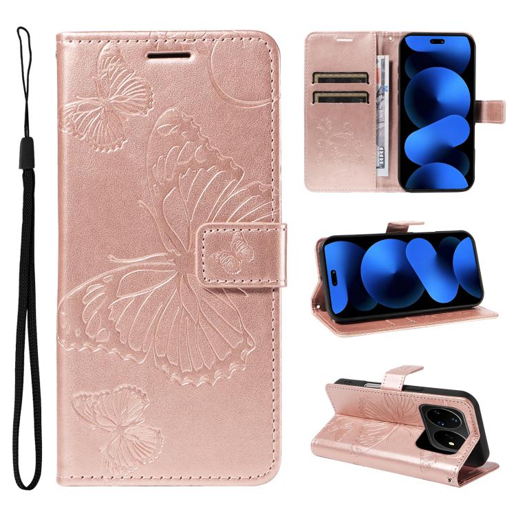 Rose pink butterfly embossed flip leather phone case with card slots and wrist strap