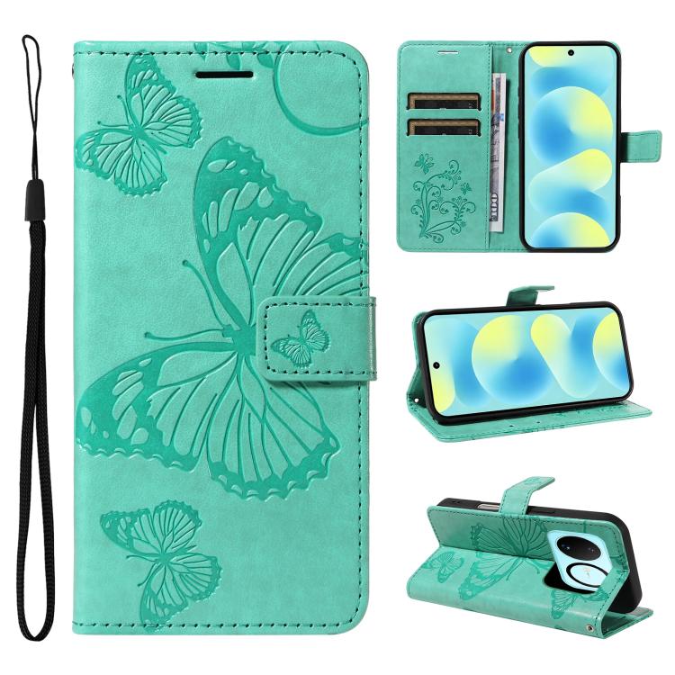 Teal butterfly embossed flip leather phone case with card slots and wrist strap