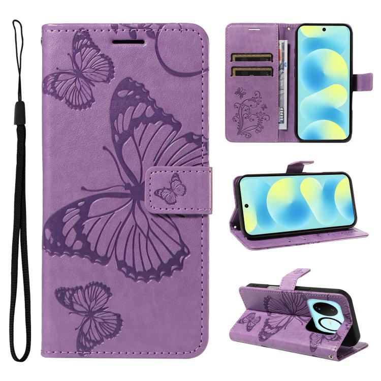 Purple butterfly embossed flip leather phone case with card slots and wrist strap