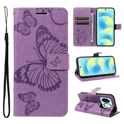 Purple butterfly embossed flip leather phone case with card slots and wrist strap