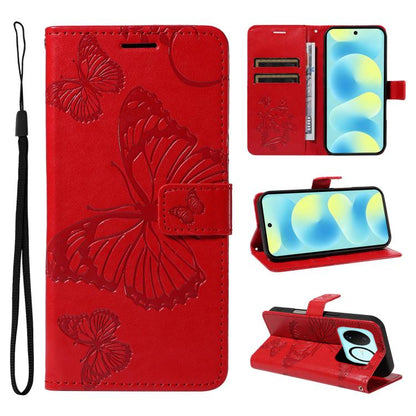 Red butterfly embossed flip leather phone case with card slots and wrist strap