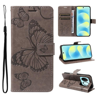 Dark grey butterfly embossed flip leather phone case with card slots and wrist strap